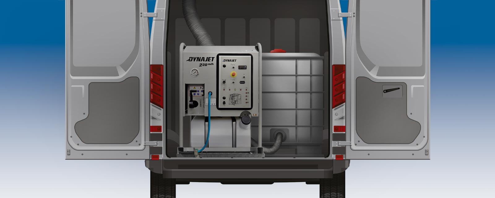 The DYNAJET skids and built-in modules with a working pressure of 220 to 1,000 bar and optional additional hot water generators are small and compact
